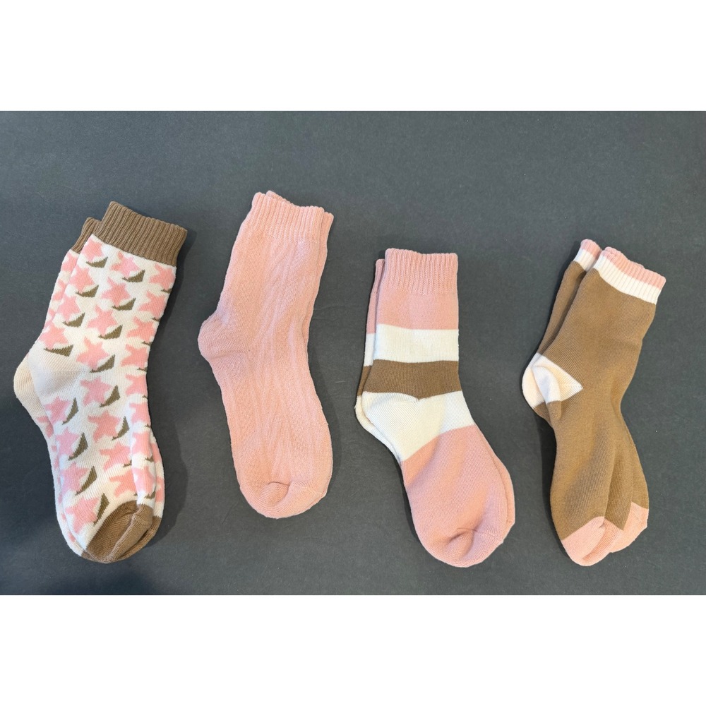Geometric Striped Crew OS Pink Brown 4-Pair Set Socks New